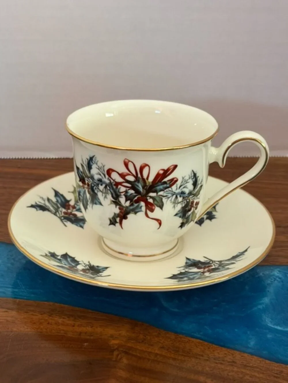 Lenox 1995 Winter Greetings Cup Saucer Set Holly Red Ribbon Coffee Teacup